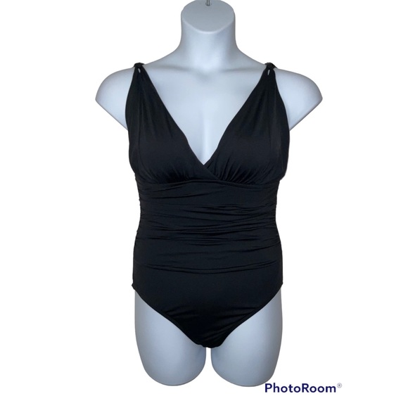 La Blanca Swim La Blanca 2 Swimsuit Black One Piece Plunge Tummy Control Ruching Bra Pads